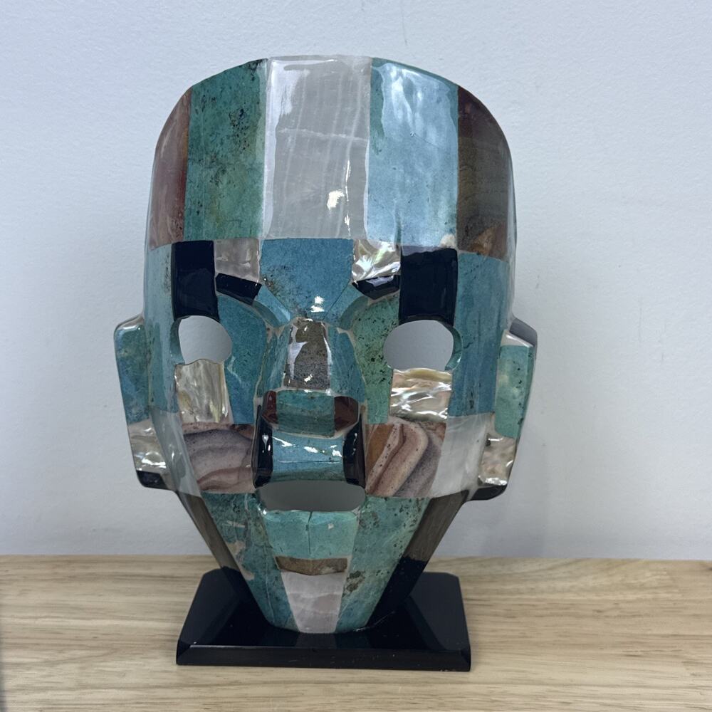 Vintage Mexican Mosaic Obsidian Stone Face Mask Mayan Aztec Sculpture Decor 8”